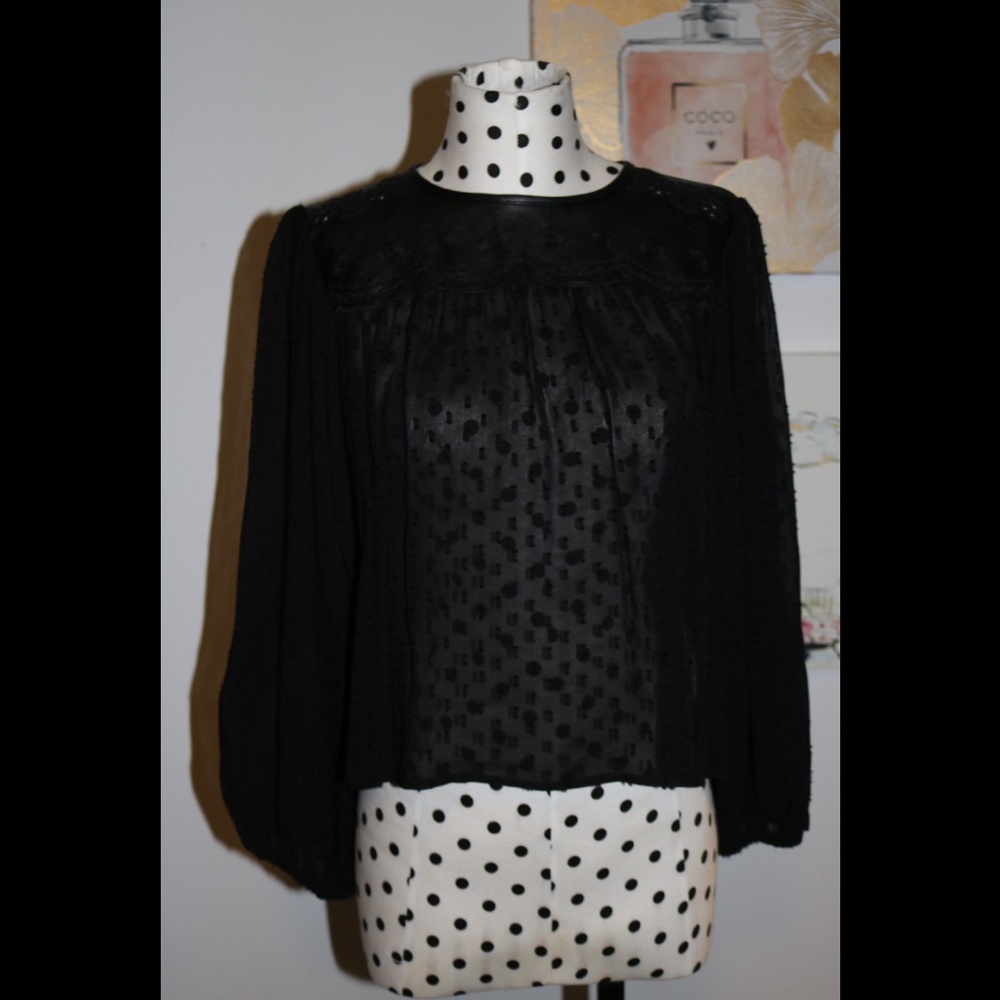 ZARA Long Sleeve Faux Leather Trim Blouse